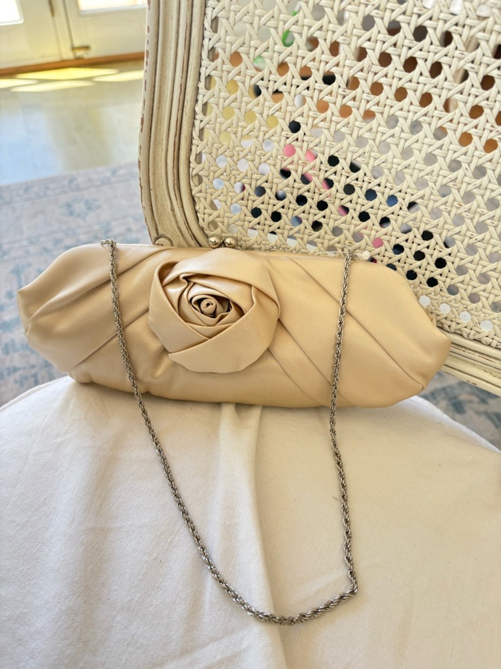 Satin Rose Accent Clutch in Beige with Chain Strap